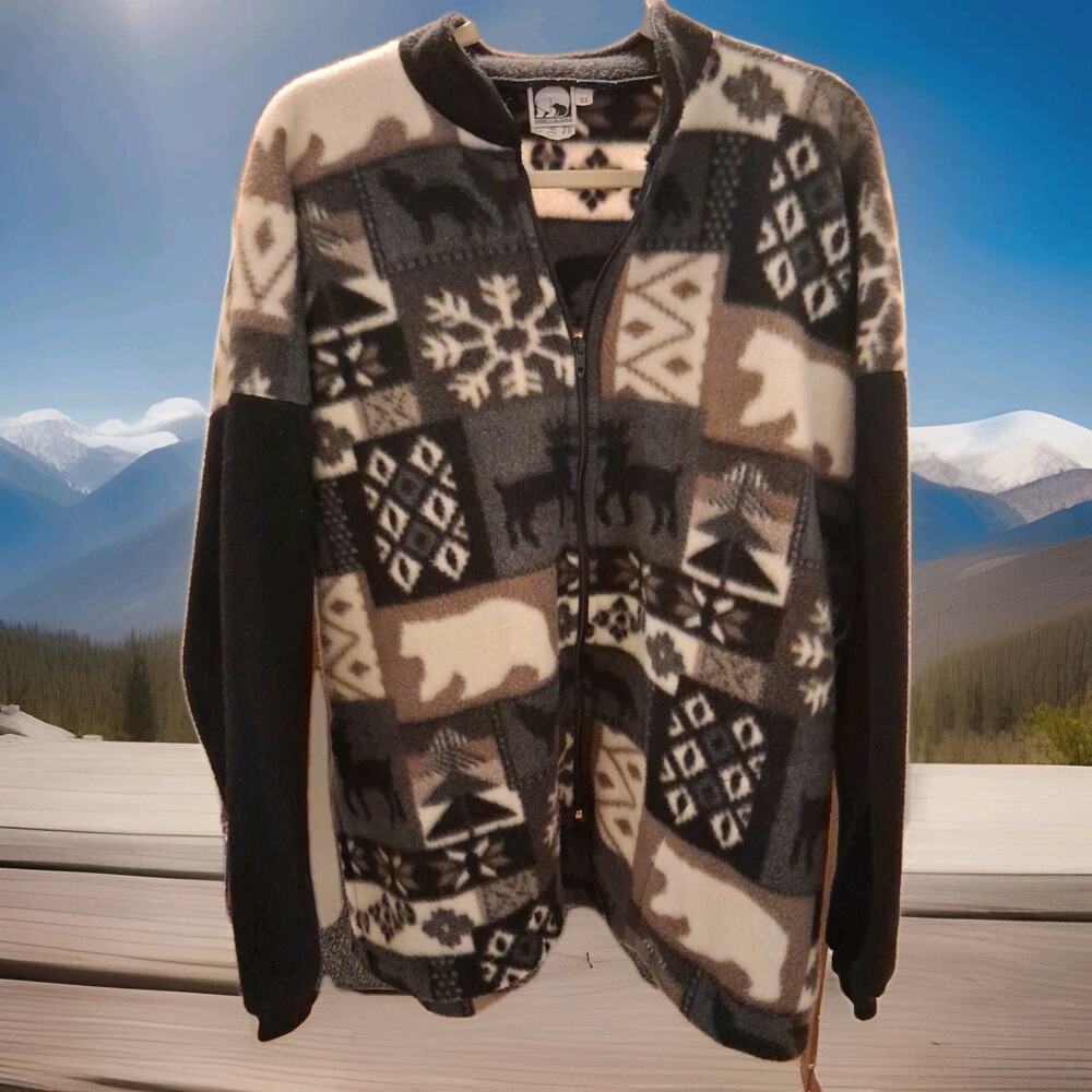 Vintage Y2K Warm Memories XL Unisex Fleece Jacket Wolf/Deer/Outdoor Alaskan Blk